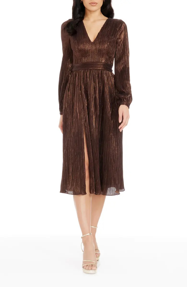 Holly Long Sleeve Metallic Plissé Dress | Nordstrom