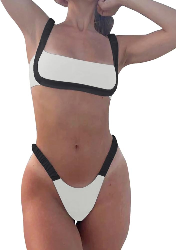 HYTENSUN Women's Bandeau Cheeky Bikini Colorblock Square Neck High Cut Swimsuits Two Pieces Bathi... | Amazon (US)