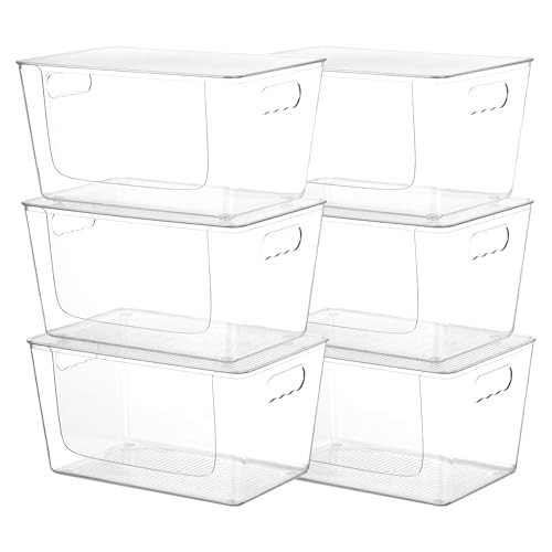 Vtopmart 6 Pack Clear Open Front Storage Bins with Lids, Large Stackable Plastic Container Organizer with Handle for Pantry, Kitchen Counter Top, Cabinet, Shelf, Bathroom Organization | Amazon (US)