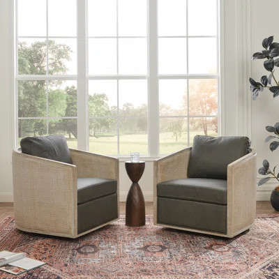 2 Pieces Genuine Leather Oak Wood Cane Swivel Barrel Chair | Wayfair North America