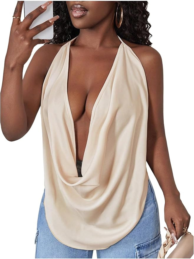 Floerns Women's Draped Cowl Neck Halter Tops Tie Backless Sleeveless Deep V Neck Camisole | Amazon (US)