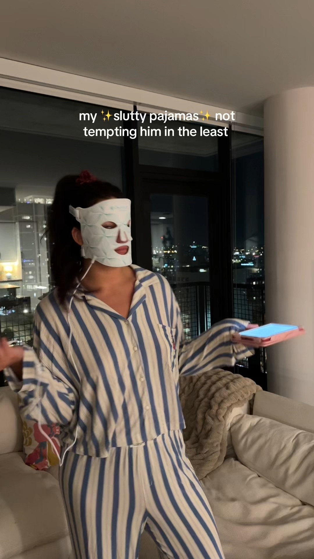 Seriously my uniform this weekend, PJs and my red light mask. The best pajama set I ever did own!!! Seriously so light and airy, I sized up for an extra loose fit! Tall girl approved :) 

#LTKSeasonal #LTKFindsUnder100 #LTKNYFW