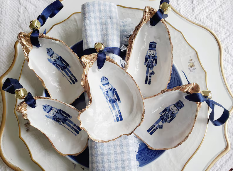Set of 5 Blue Nutcracker Oyster Shell Ornaments / Napkin Rings- Coastal Christmas Decor, Blue and... | Etsy (US)
