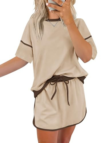 Rapbin Women's 2 Piece Sets Summer Casual High Waisted Skort Matching Drawstring Spring Going Out Lounge Set Khaki XL | Amazon (US)