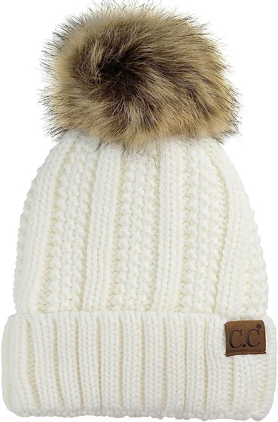 C.C Thick Cable Knit Faux Fuzzy Fur Pom Fleece Lined Skull Cap Cuff Beanie | Amazon (US)