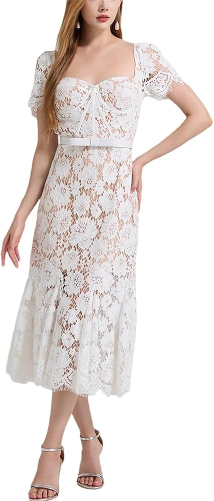 Womens Elegant Sexy Lace Mesh Dress Summer Short Sleeve Fish Tail Long Dresses Embroidery Square ... | Amazon (US)