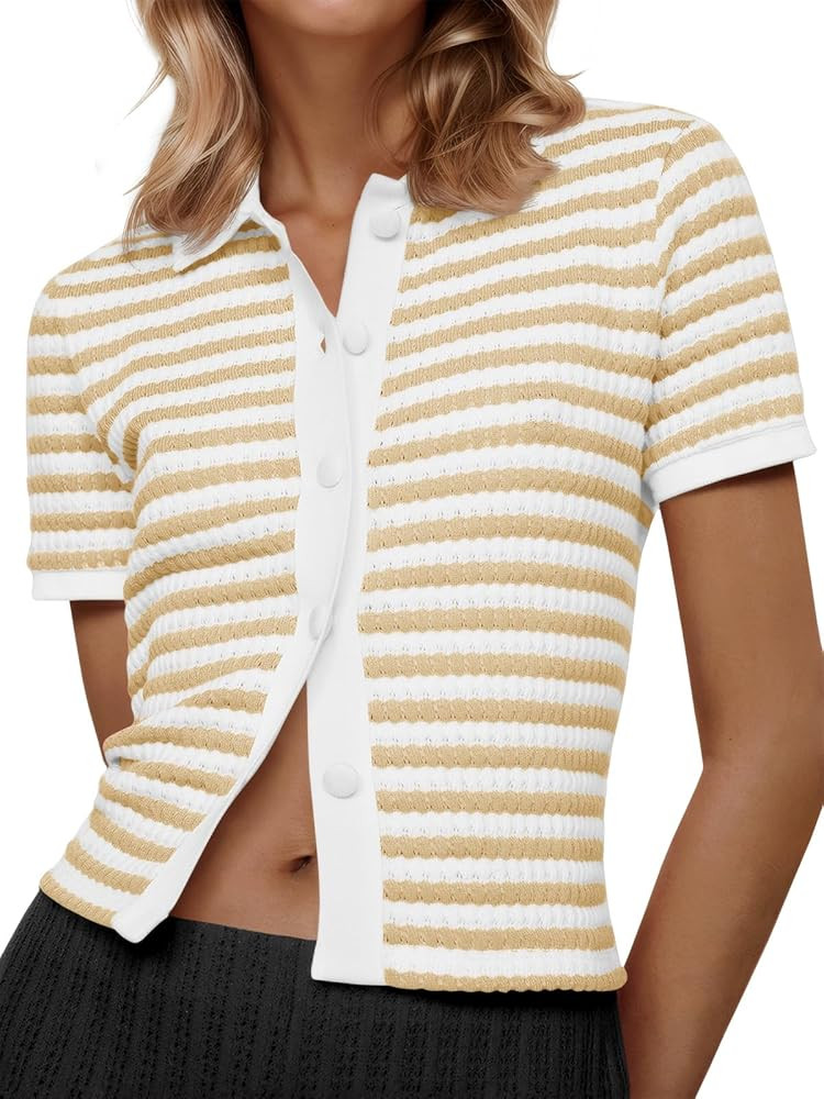 Saodimallsu Womens Striped Short Sleeve Sweater Tops Polo Collared Button Crochet Summer Cropped ... | Amazon (US)