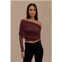 Everly Sheer Mesh Off Shoulder Top - Mahogany I MESHKI I Size XXS | MESHKI US