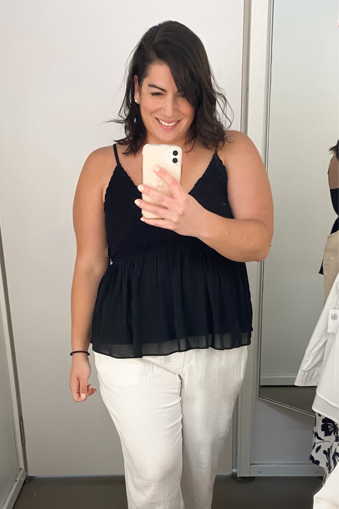 Black babydoll top with adjustable straps and white linen pants - everything fit so nicely. Size down on pants. Top true to size. Date night look 
Vacation look 
Brunch
Girls night 
Coastal millennial 
Coastal grand millennial 

#LTKcurves #LTKFind #LTKunder50