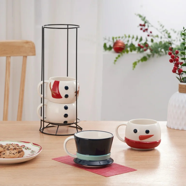 Snowman Stacking Ceramic Mug Set with Rack 12 OZ 5-Piece Holiday Time | Walmart (US)