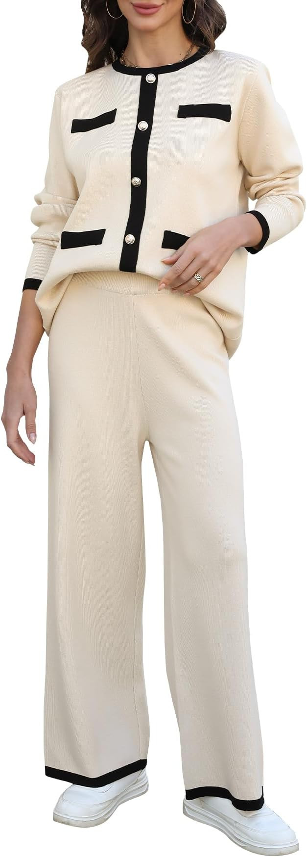 Ladyful Womens 2 Piece Outfits Sweater Set Long Sleeve Knit Top and Wide Leg Pant Lounge Sets | Amazon (US)