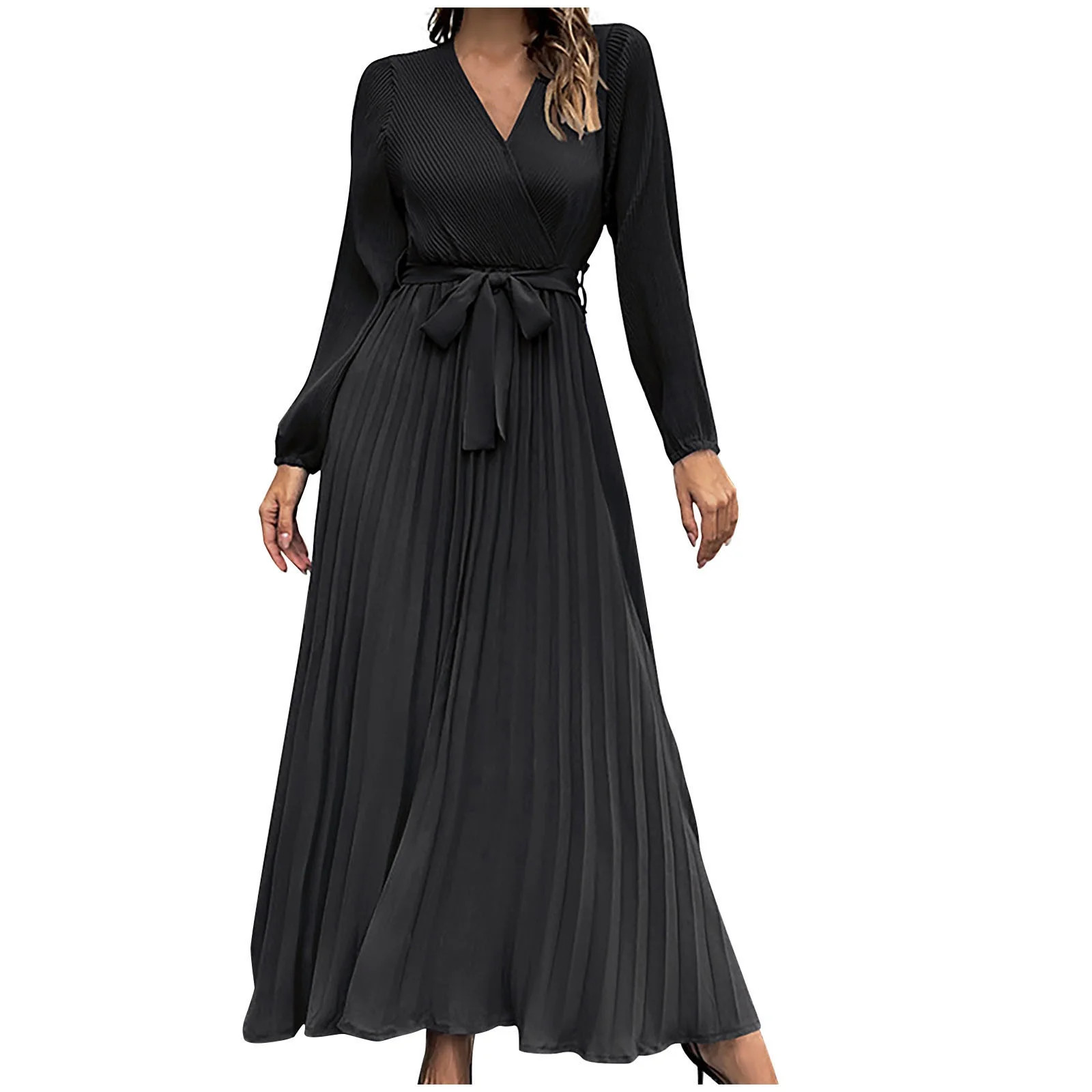 Women's V Neck Pleated A-line Dress 2024 Fall Long Sleeve Casual Swing Maxi Long Dresses for Part... | Walmart (US)