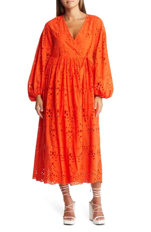 ASOS DESIGN Smocked Broderie Midi Dress in Orange at Nordstrom, Size 4 Us | Nordstrom