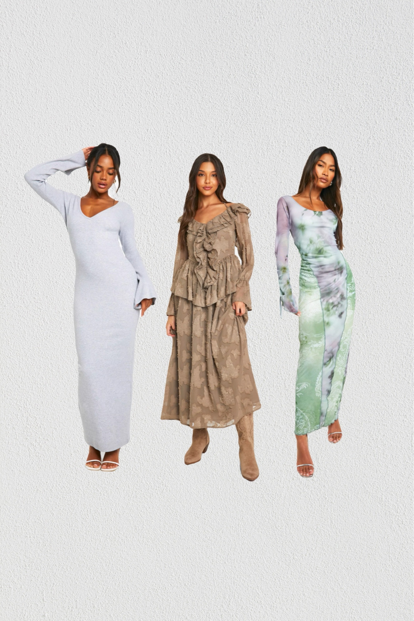 mixed floral, long sleeve, maxi dress, mesh, tie sleeve, textured, ruffle, midaxi, ribbed, flare, v-neck, 

#LTKParties #LTKWorkwear