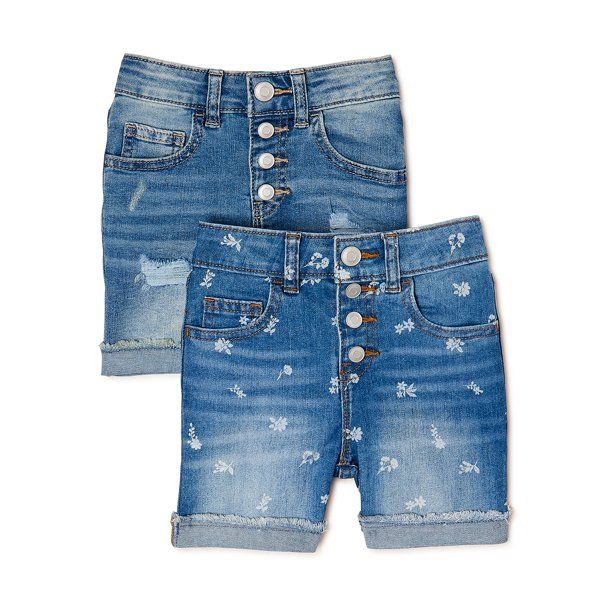 Wonder Nation Girls Mid-Rise Roll Cuff Denim Midi Shorts with Exposed Buttons, 2-Pack, Sizes 5-18... | Walmart (US)