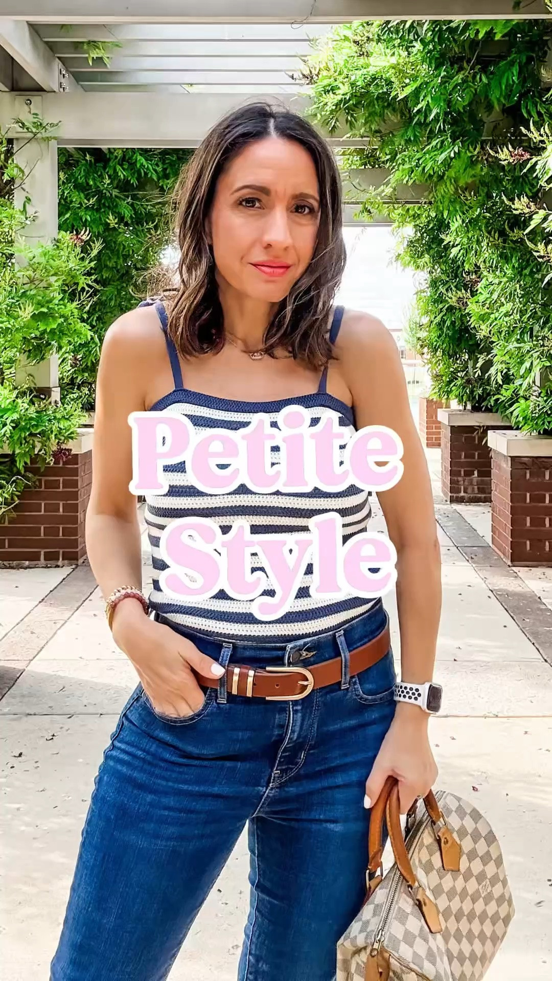 Blue and white top with straps that tie. Runs true to size. 
Brown leather belt. Runs true to size. 
Levi’s jeans run true to size. 
Petite style 
Petite outfit 
Casual style

#LTKootd #LTKOver40 #LTKPetite