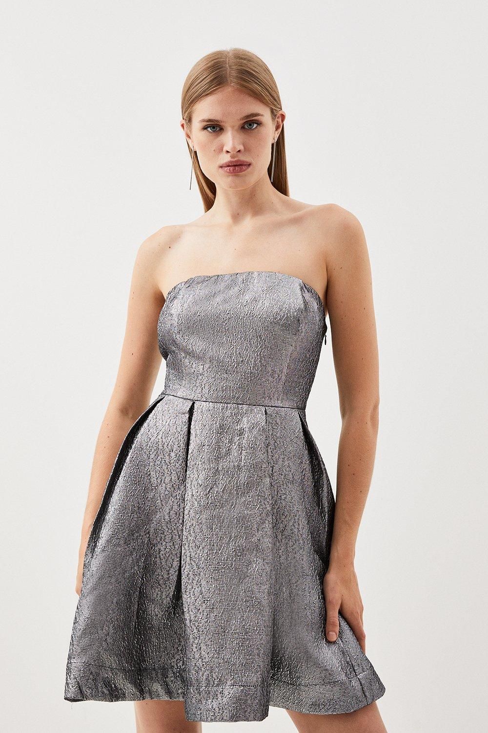 Silver Metallic Jacquard Twill Strappy Woven Mini Dress | Karen Millen US