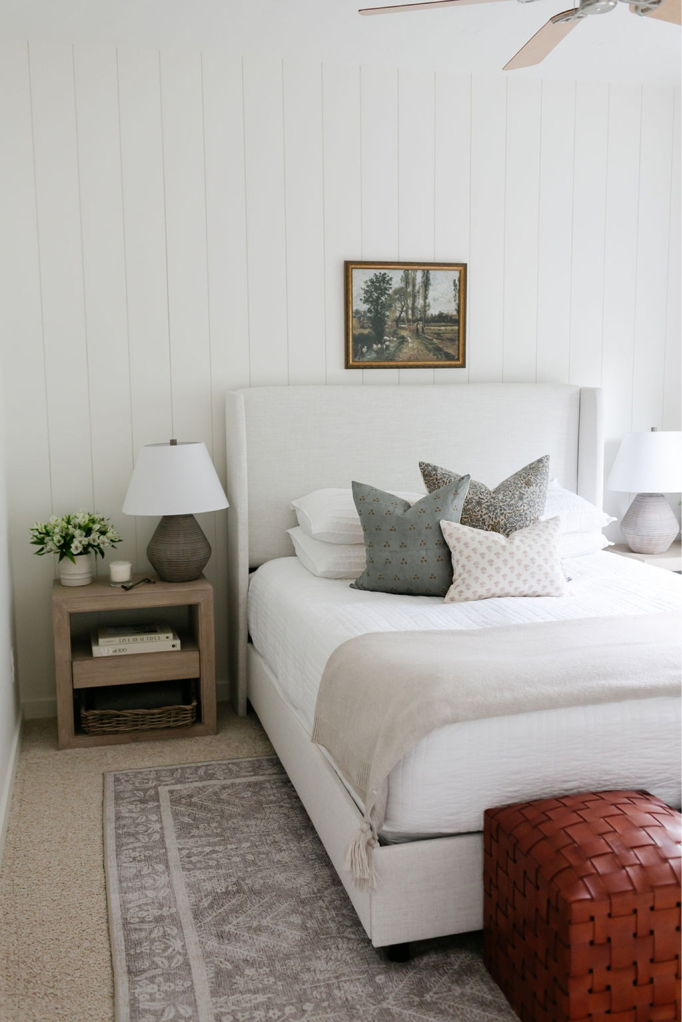 A view of our guest bedroom with an upholstered bed, Loloi area rug, wood nightstand, Target table lamp, throw pillows, leather cube ottomans and artwork  

#LTKhome #LTKFind #LTKstyletip