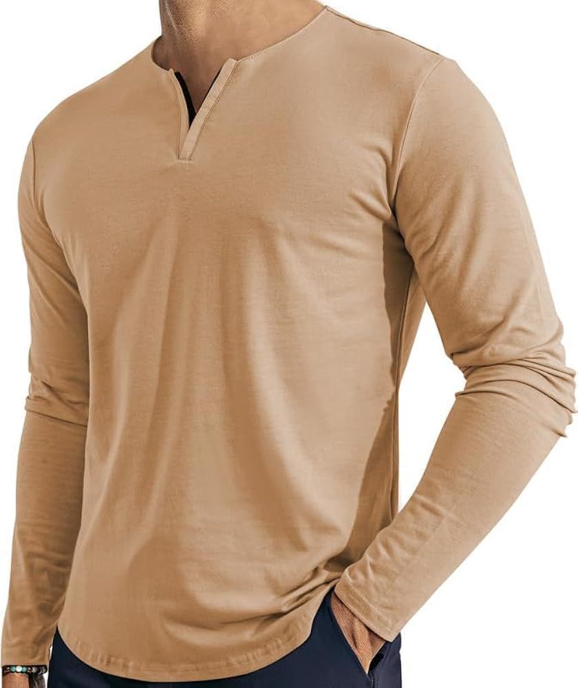 Men's V Neck Long Sleeve Shirts Casual Henley Cotton T-Shirts Slim Fit Longline Tee Shirts | Amazon (US)