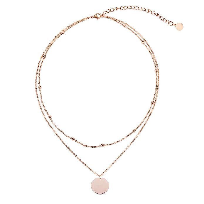 LEGITTA Disc Pendant Necklace Layered Titanium Steel Chain Choker in Rose Gold for Women Girls | Amazon (US)