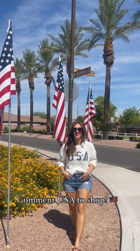 Fourth of July outfit idea! 🇺🇸 I sized up to a large in this darling USA sweater for the Fourth of July! Just add Jean shorts! 💙🇺🇸❤️ 

#LTKFindsUnder50 #LTKStyleTip #LTKVideo