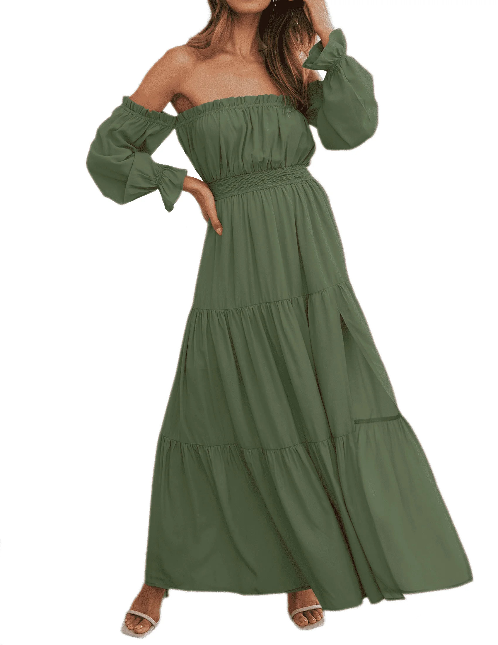 YOGAFOX Women's Boho Off Shoulder Long Sleeve Smocked Side Split Flowy A Line Maxi Dress Olive Me... | Walmart (US)
