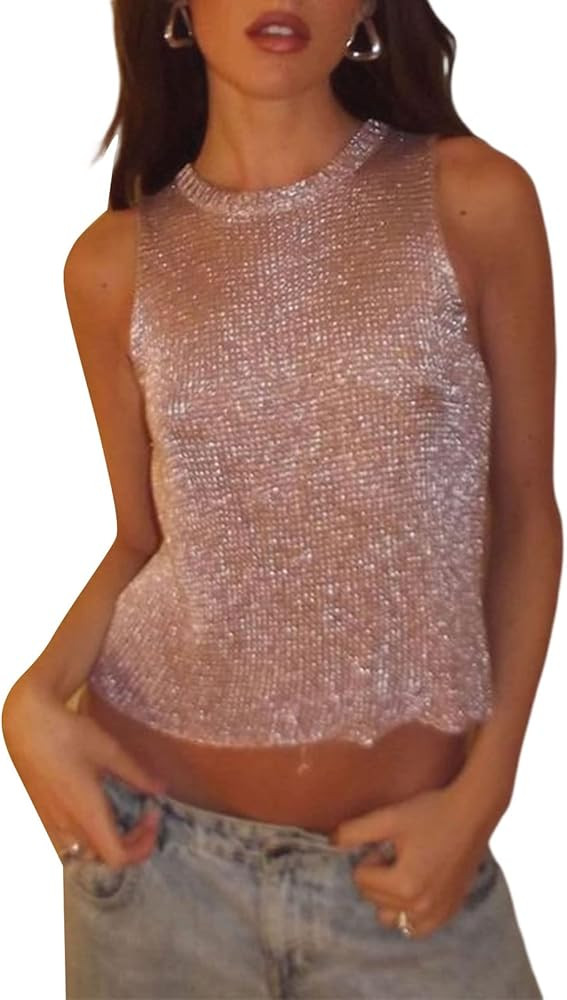 Women Sexy Fishnet Knit Glittering Crop Tank Going Out Top Sheer Mesh Sleeveless Solid Slim Cropp... | Amazon (UK)
