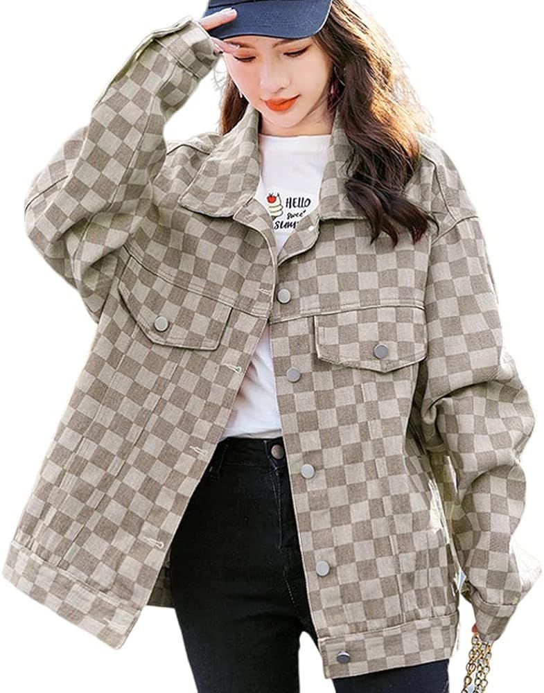 hathne Women's Distressed Denim Jacket Checkered Plaid Print Oversized Jean Jacket | Amazon (US)