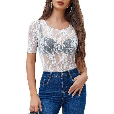 Avidlove Mesh Top for Women Short Sleeve Crew Neck Fitted Top Solid & Floral Lace Tee Shirts-White-S | Target