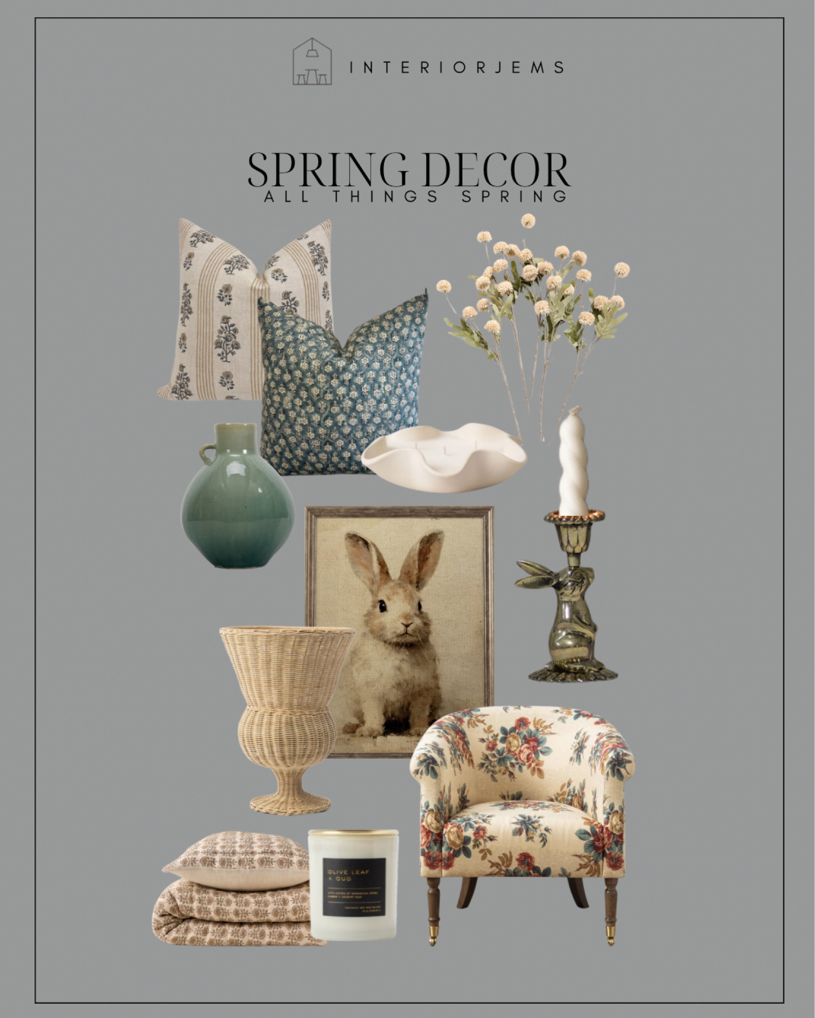 All things, spring decor, spring floral, bunny, art print, bunny, candlestick, floral, Accent chair from McGee and Co, vase, wicker, vase, spring candle, spring bedding, Etsy

#LTKstyletip #LTKsalealert #LTKhome