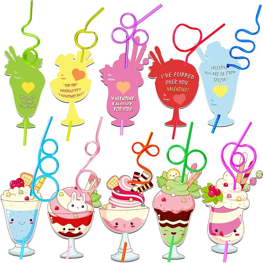 Valentines Day Cards for Kids School, 30 PCS Valentines Day Cards with Loop Reusable Drinking Str... | Amazon (US)