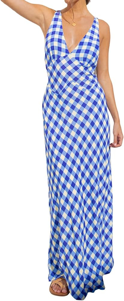 Women Y2k Floral Deep V Neck Maxi Dress Sleeveless Patchwork Long Dress Going Out Flowy Sundress ... | Amazon (US)