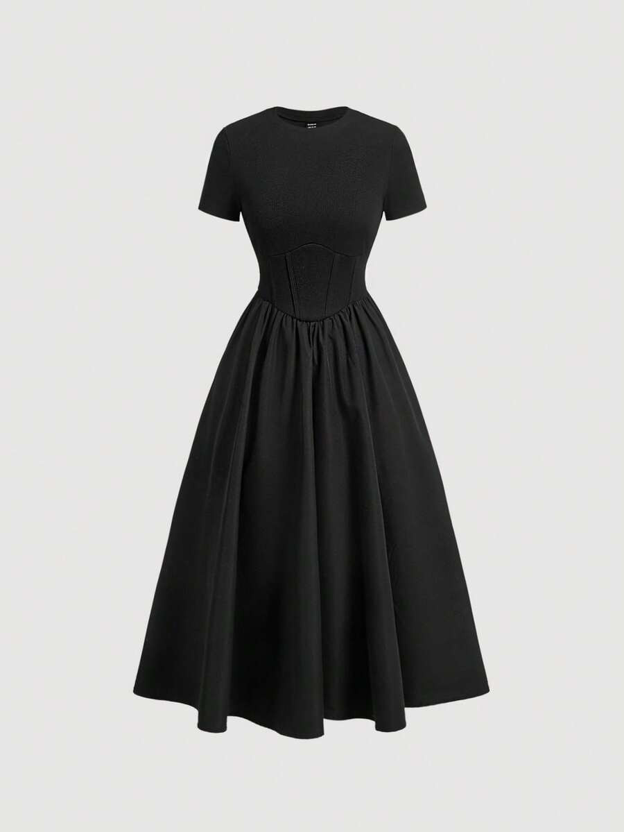 SHEIN MOD Black Fishbone Patchwork Short Sleeve Midi Dress,Fall/Winter Women Dress,Women Vintage ... | SHEIN