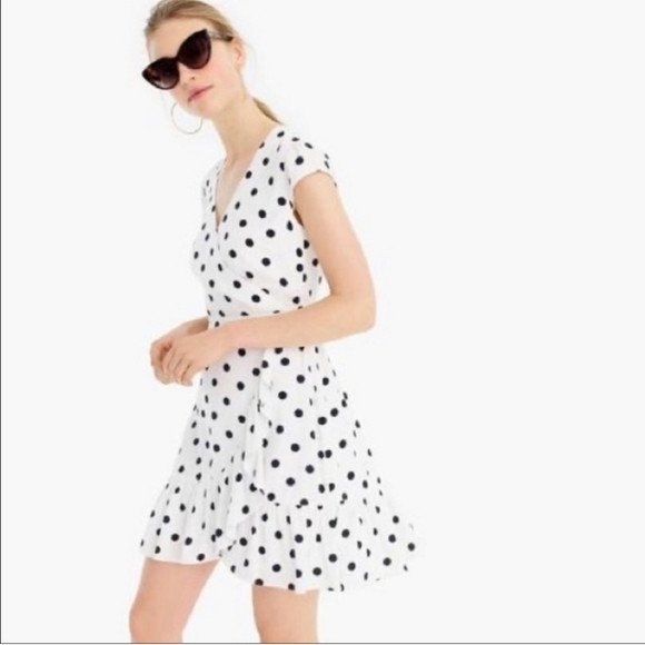 J. Crew Ruffle Front Faux Wrap Mini Dress in White Polka Dot Size 00 | Poshmark