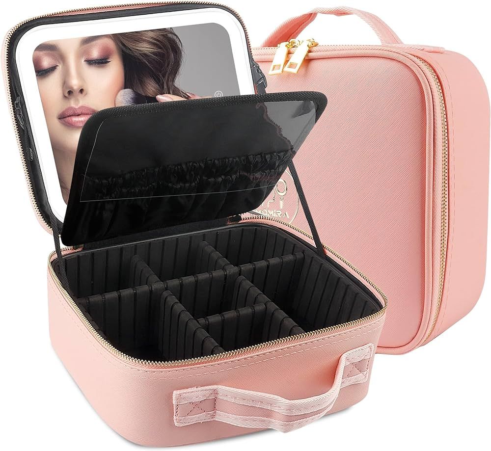 MOMIRA Travel Makeup Case with Large Lighted Mirror Partitionable Cosmetic Bag Professional Cosme... | Amazon (US)