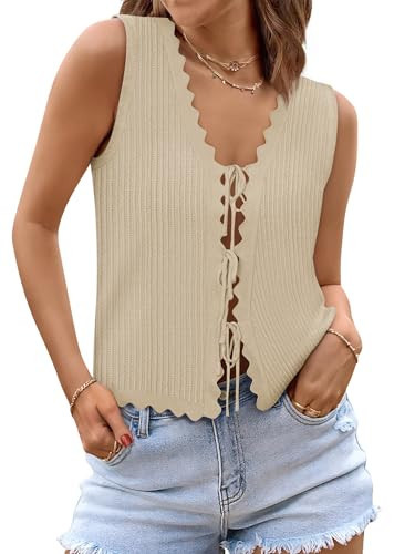 COCCKO Spring Outfits For Women 2026 Sleeveless V Neck Tank Tops Crochet Eyelet Tie Front Sweater Vest | Amazon (US)