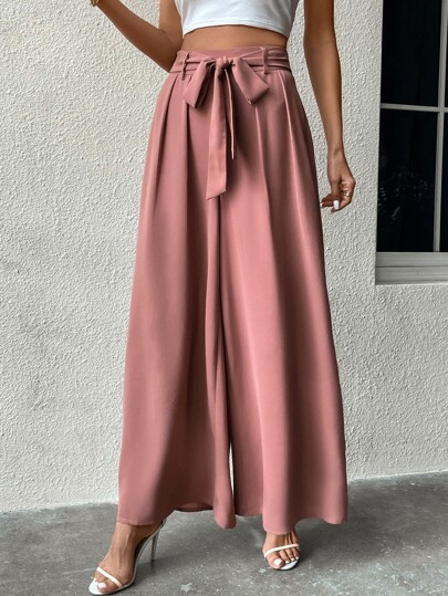 EMERY ROSE High Waist Knot Front Wide Leg Pants | SHEIN