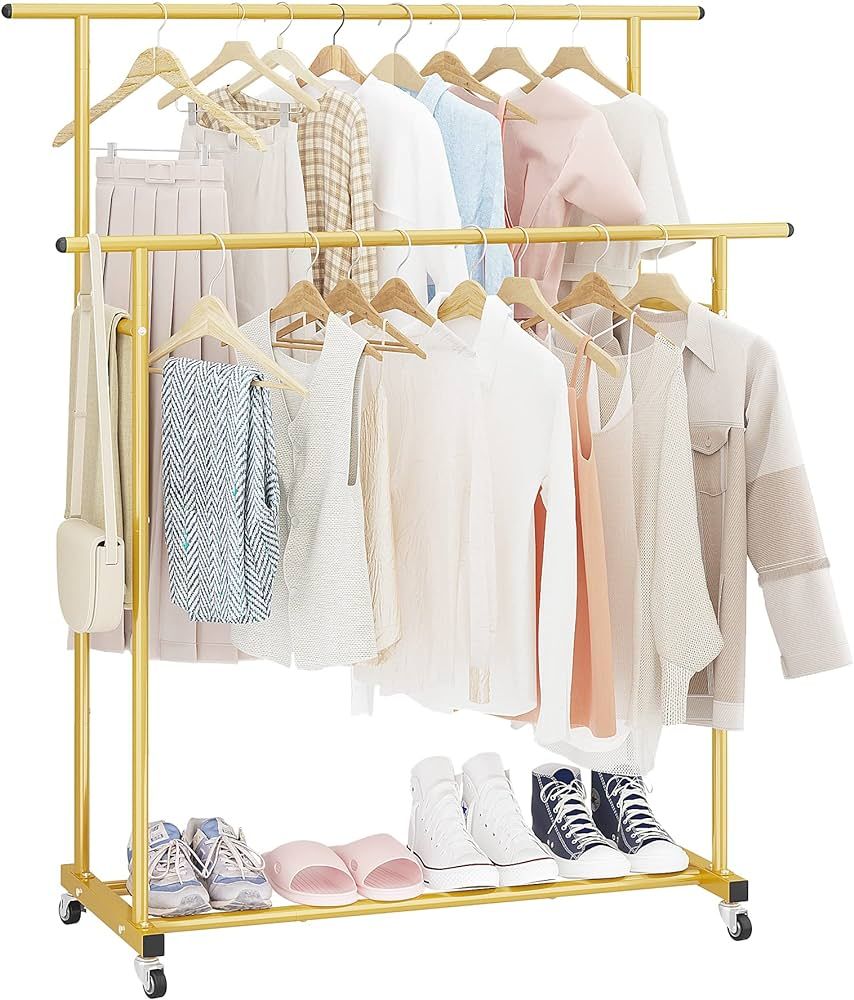 Calmootey Double Rod Clothing Garment Rack,Rolling Hanging Clothes Rack,Portable Clothes Organize... | Amazon (US)