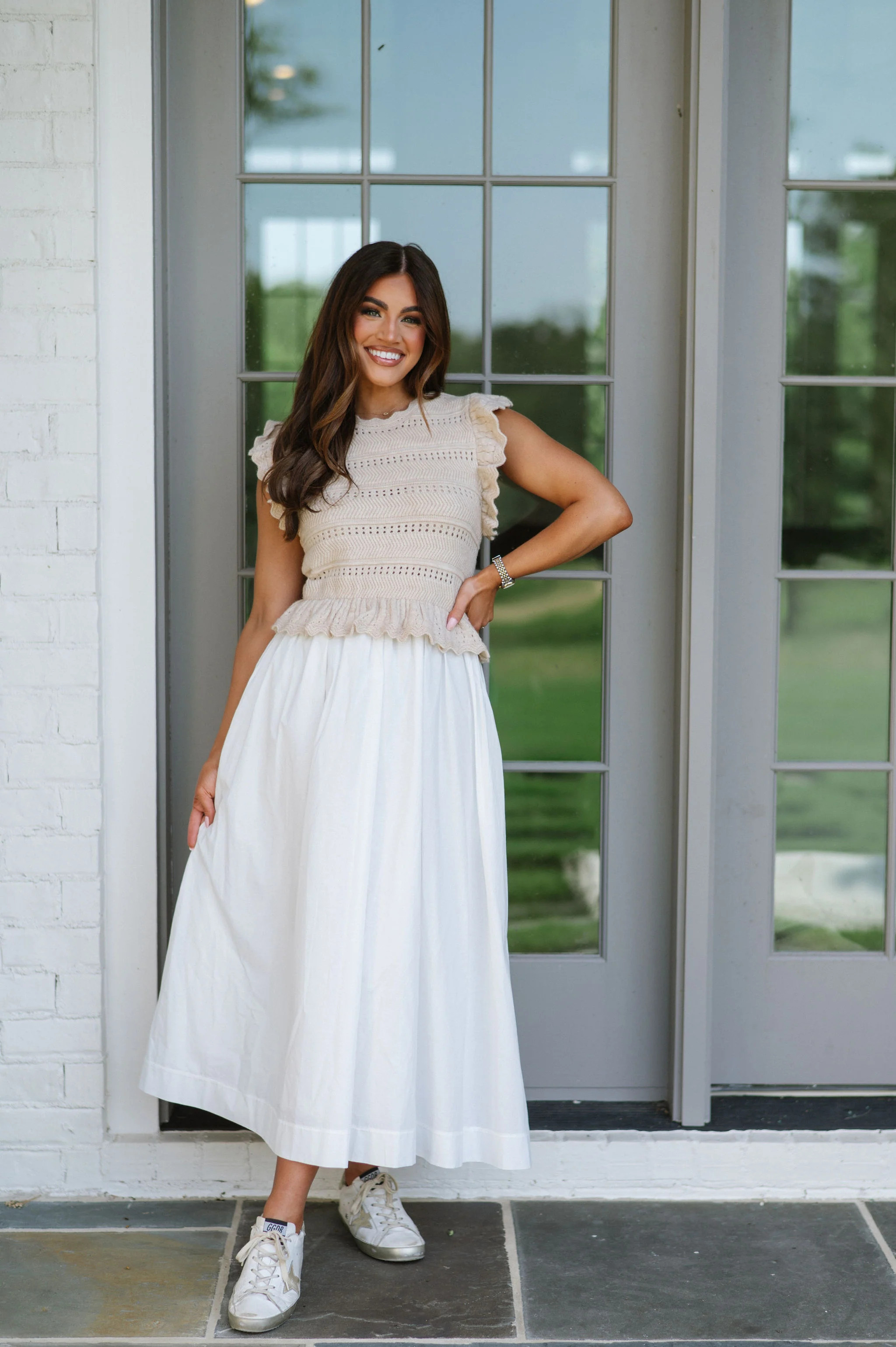 Avery Ruffle Woven Dress- Light Taupe | These Three