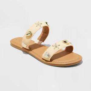 Women's Kiera Embellished Slides - A New Day™ Tan 5.5: Open Toe, Slip On, Raffia Upper, Texture... | Target