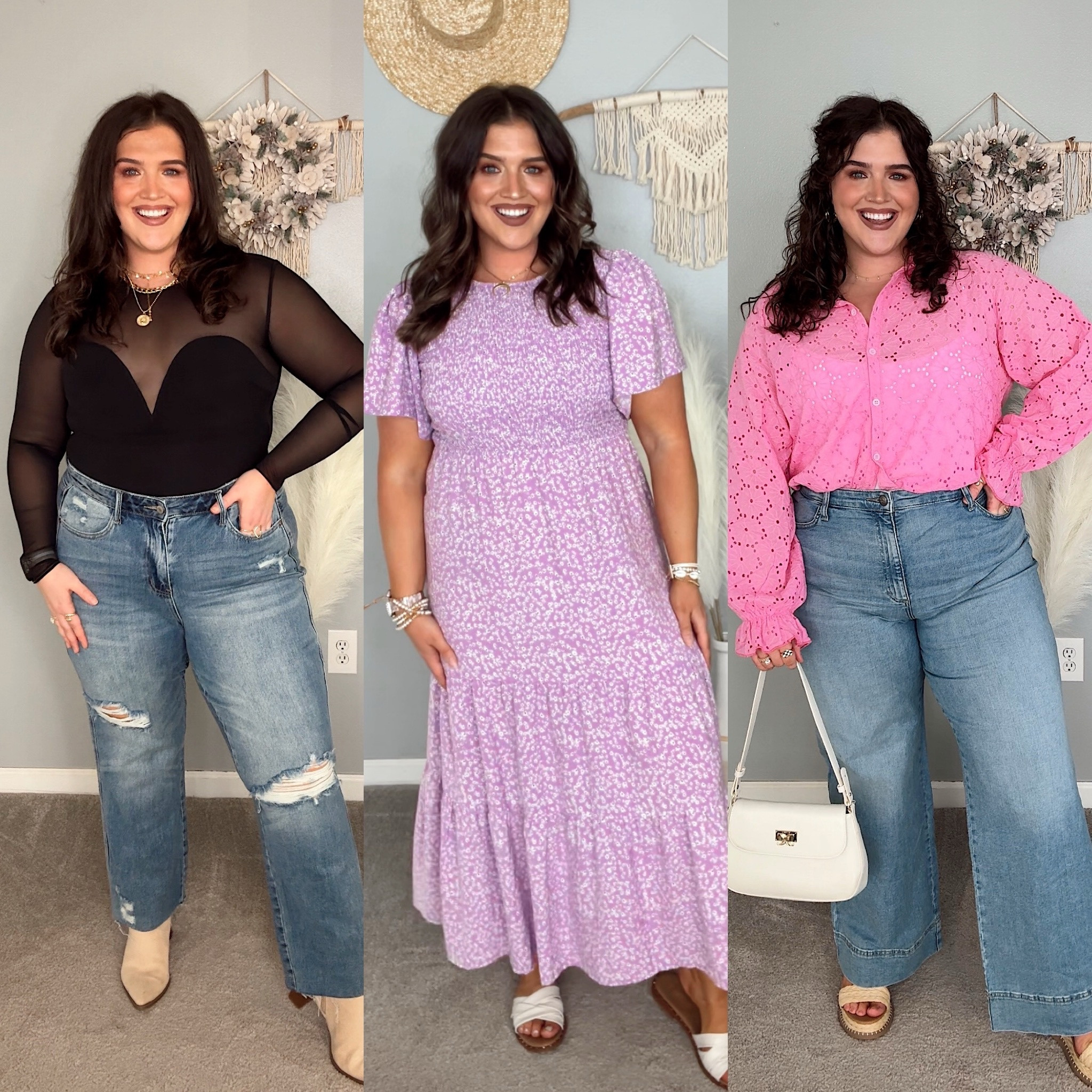 Curvy casual Spring transition outfits. Mesh open back bodysuit XL, curvy Judy blue jeans 14 plus, booties, lilac maxi dress L, eyelet long sleeve blouse XXL, wide leg denim 16, raffia wedges 🌸💜✨ #oufitinpo 

#LTKstyletip #LTKSeasonal #LTKplussize