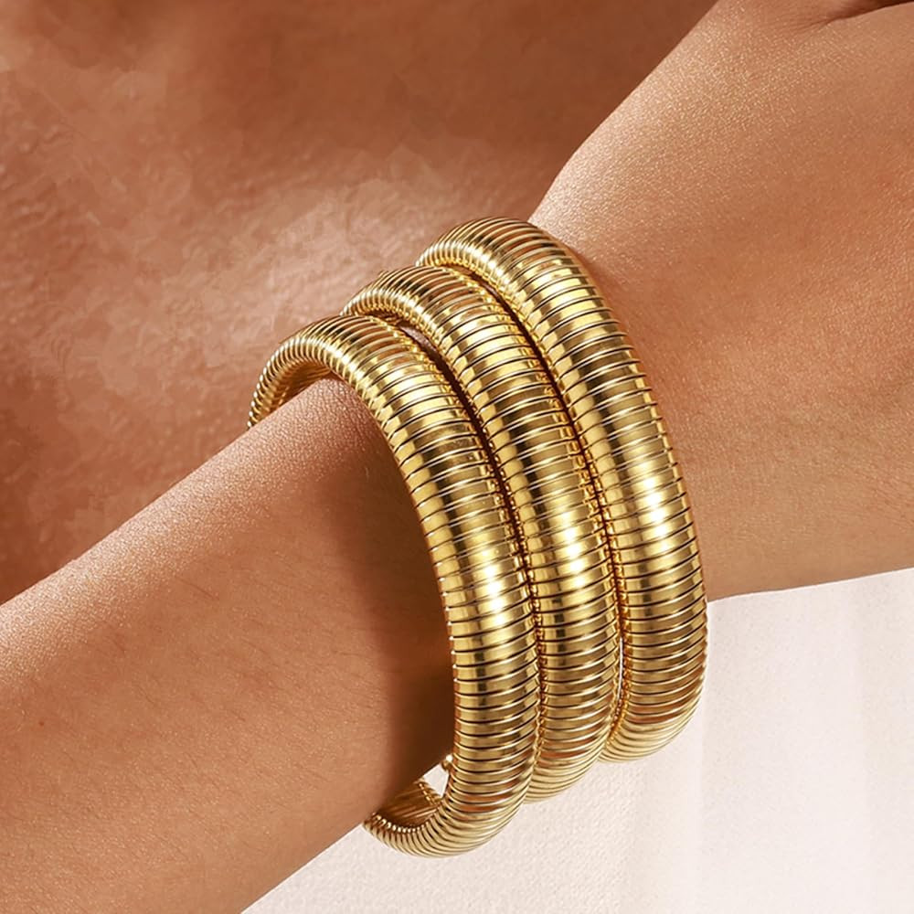 Gold Bangles for Women Set of 3 Chunky Stretch Bangles Bracelets 24K Gold Plated Stainless Steel ... | Amazon (US)