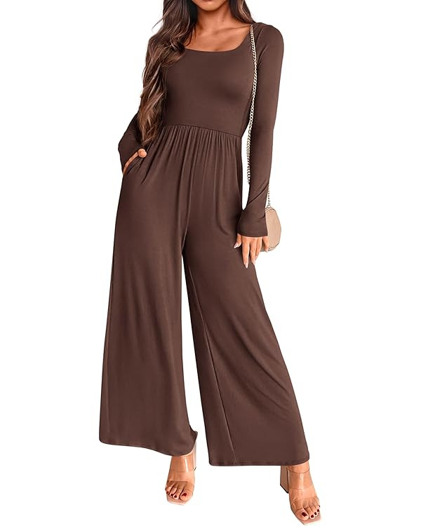 KIRUNDO Long Sleeve Jumpsuit for Women 2025 Summer Fall Fashion Lightweight One Piece Square Neck... | Amazon (US)