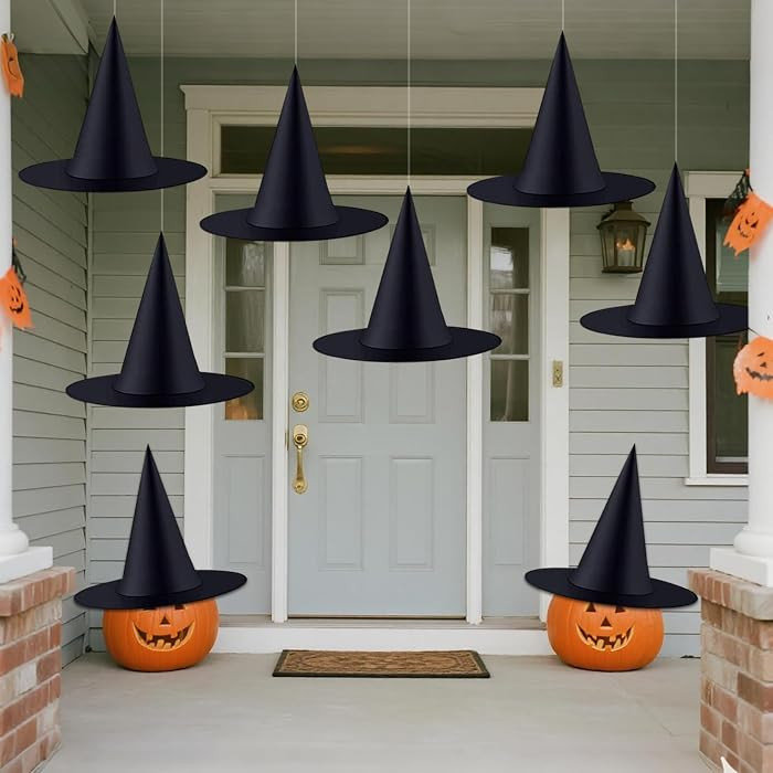 ZeeDix 8Pcs Halloween Witch Hats, Black HangingWitches Hat with 98 Ft Hanging Rope, Halloween Cos... | Amazon (US)