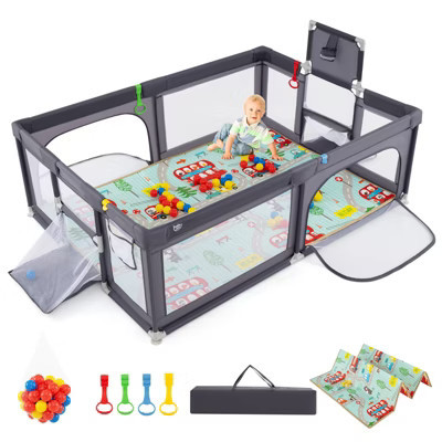 Safstar Large Baby Playpen w/Mat, Basketball Hoop, Soccer Nets, Pull Rings & Ocean Balls, Baby Activity Center with Zippered Doors | Target
