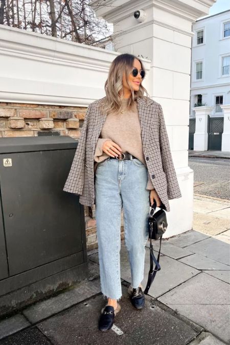 The perfect pre spring outfit with lighter tones. Jeans H&M, Cos beige knit jumper, Gucci princetown loafers, Anine Bing bag new look gold buckle belt, check blazer and round rayban sunnies

#LTKeurope #LTKSeasonal #LTKstyletip