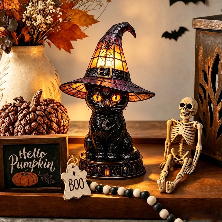 Stained Glass Style Witch Hat Lamp \u2013 Vintage Halloween Table Decor Night Light \u2013 Handcr... | Walmart (US)