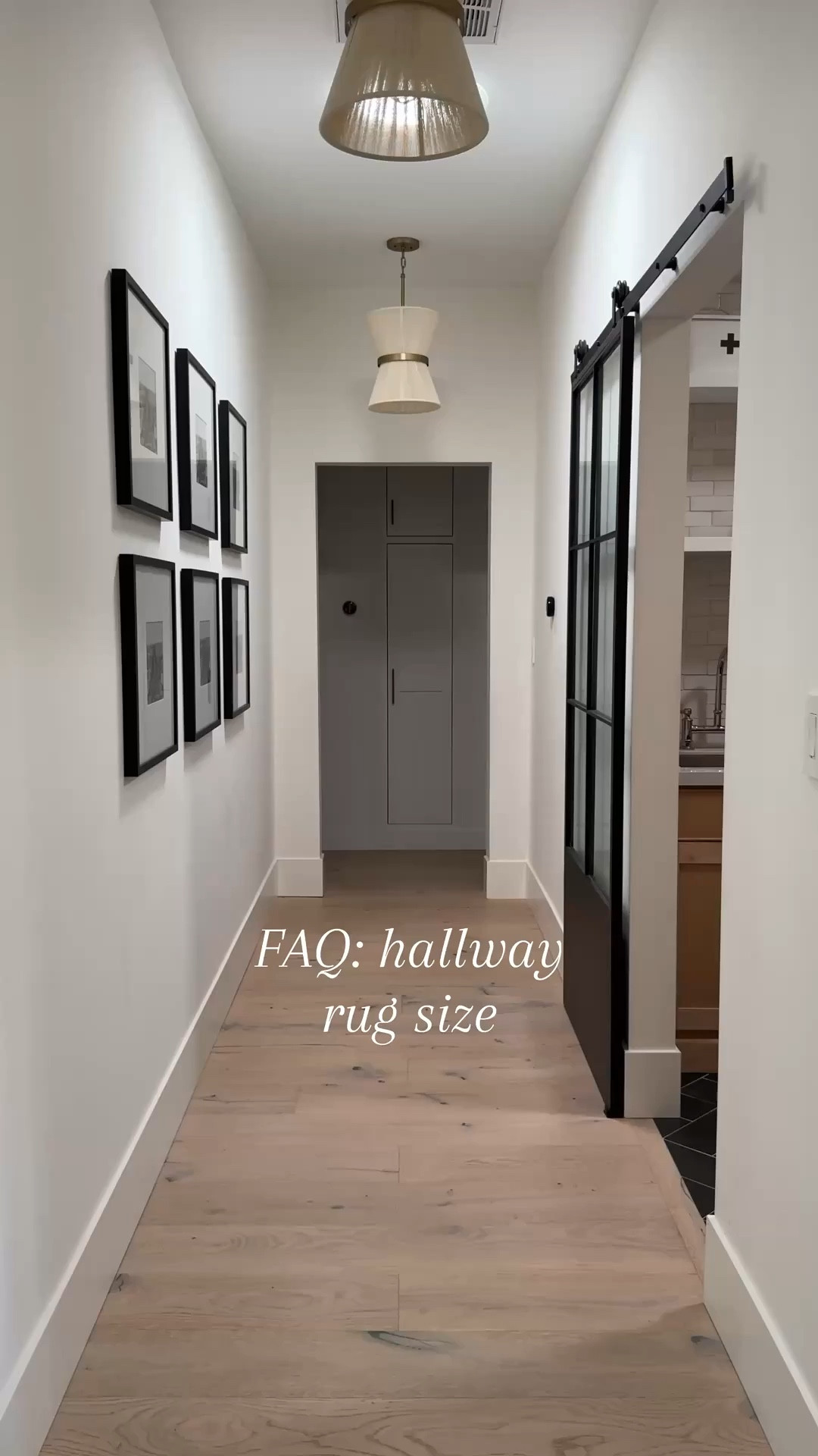 Wayfair is having their Tax Refund Sale up to 70% ! 
This is a common FAQ I get. You want to leave about 3-5 inches on the side of your rug next to the wall and your runner should be about 3/4 the length of the hallway.
This one is a great option since it's so soft under your feet, doesn't have any harsh chemicals and Stain
resistant, which is great for high traffic areas.

Hallway, design vintage neutral grey runner, black frames, gallery, wall rope, pendant, lights, hallway, lights, barn door

#LTKHome #LTKSaleAlert