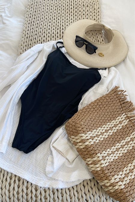 Classic beach look. Black swimsuit
White gauze coverup sun hat and beach bag. 
#beachlook #vacationbeachlook #amazonbeachlook

#LTKmidsize #LTKswim #LTKFind