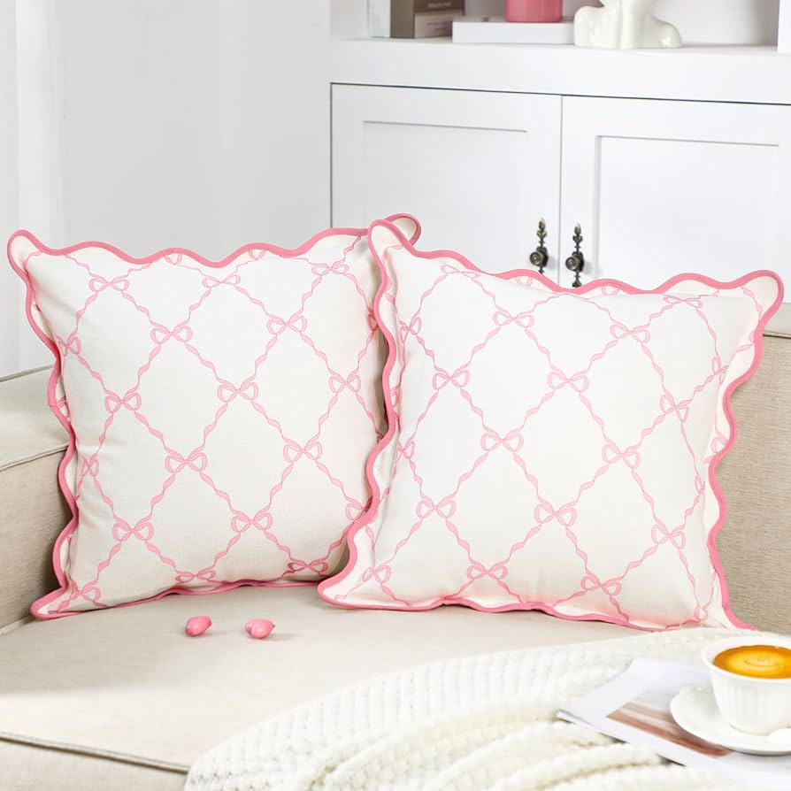 Mixweer 2 Pcs Scalloped Pillow Cover 18x18 Inch Pink and Whiter Bow Throw Pillow Covers Gifts Coq... | Amazon (US)